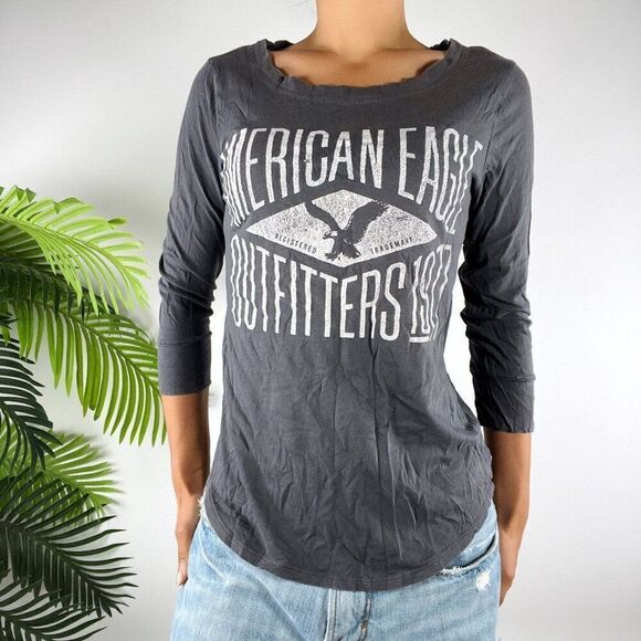Vintage Y2K American Eagle Gray Indie Grunge Casual Long Sleeve Graphic Tee / S - Picture 3 of 6